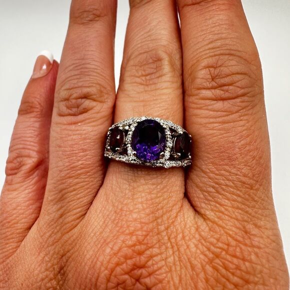 Stunning Amethyst and Rhodalite garnet with cz accents in sterling silver ring! - Picture 7 of 14